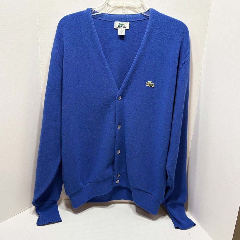 Vintage 70s 80s Izod Lacoste Cardigan Sweater Royal Blue Orlon USA Size L